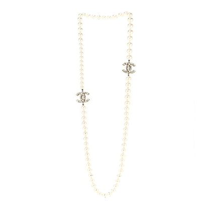 Chanel Gold Tone Crystal Faux Pearl CC Long Necklace