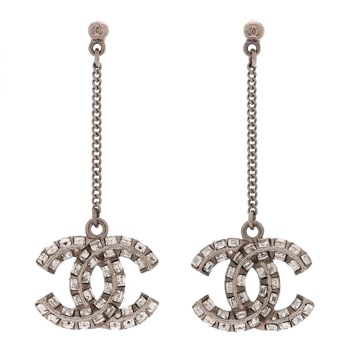 Chanel Baguette Crystal CC Drop Earrings Silver