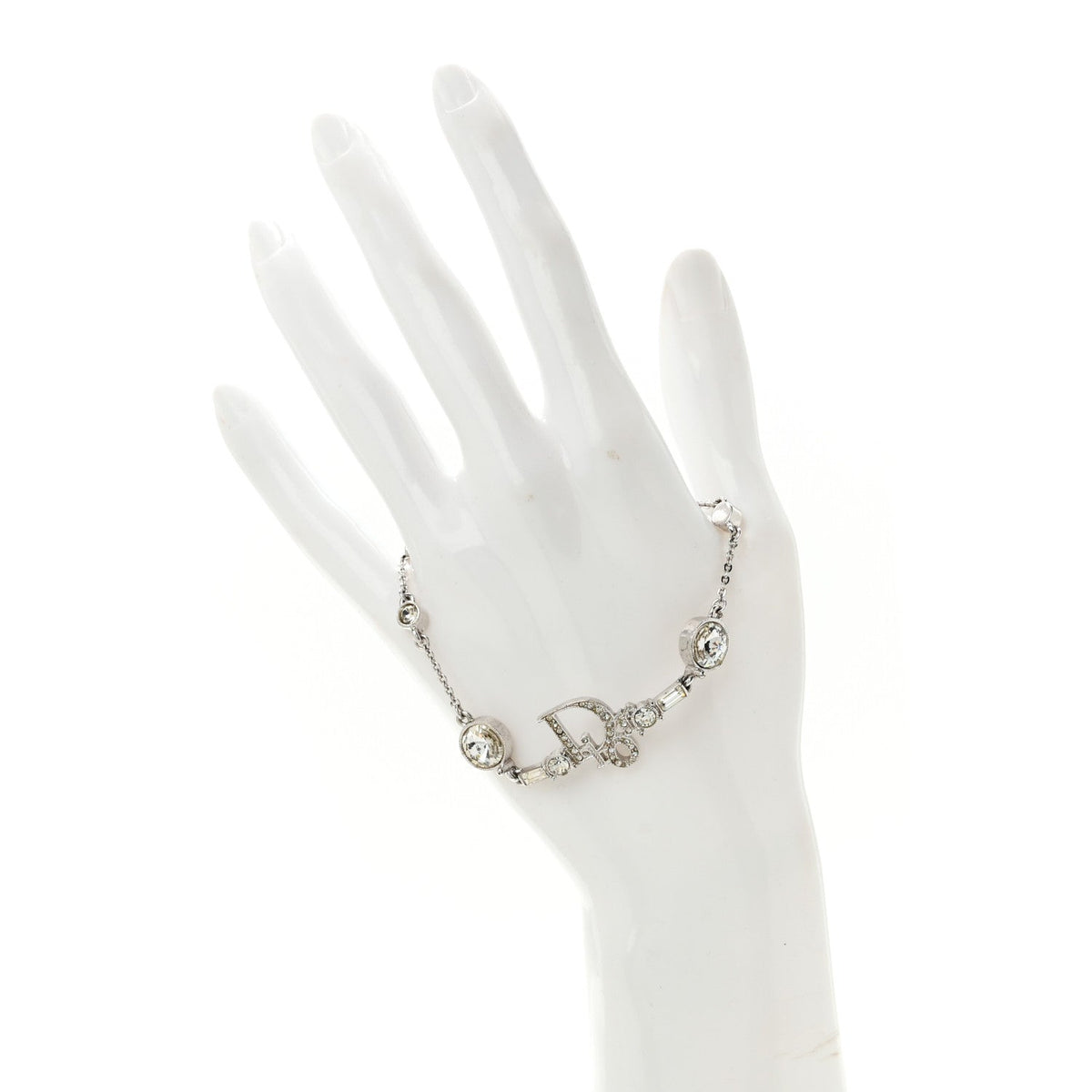 Christian Dior Metal Crystal Logo Bracelet Silver