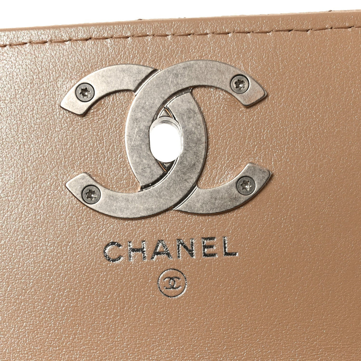 Chanel Iridescent Caviar Camellia Phone Holder With Chain Beige