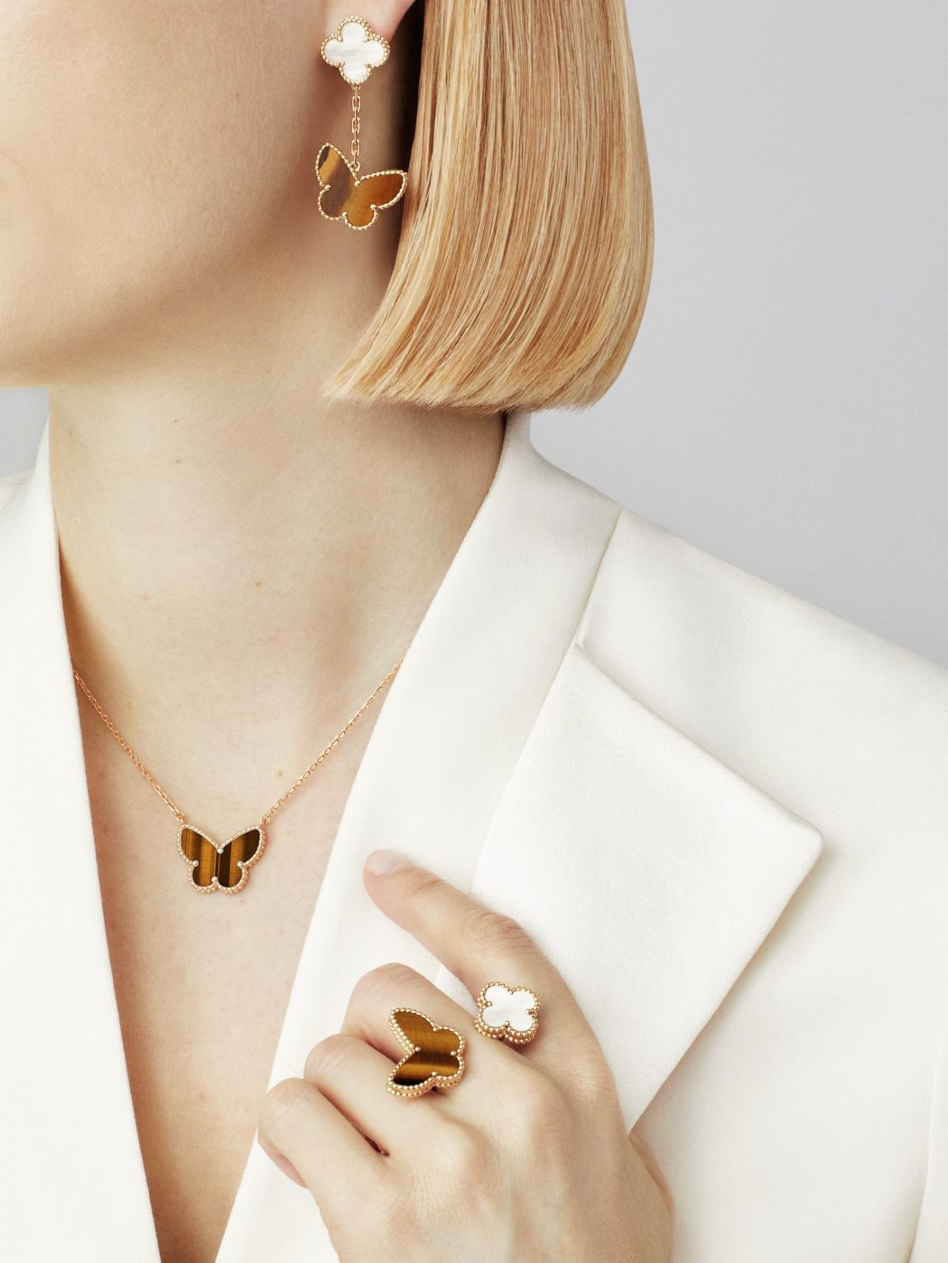 18K Yellow Gold Tiger Eye VCA Lucky Alhambra Butterfly Pendant