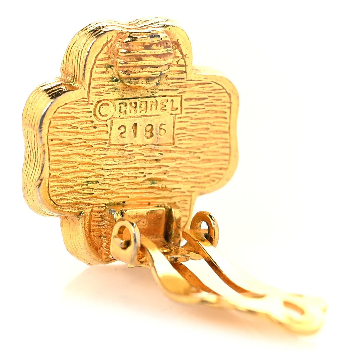 Chanel Metal Crystal Clover Clip On Earrings Gold