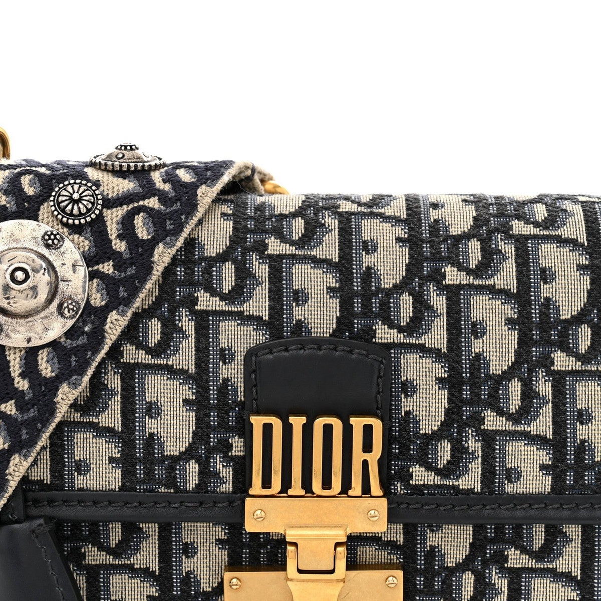 Christian Dior Canvas Leather Women's DiorAddict Flap Bag Navy Blue