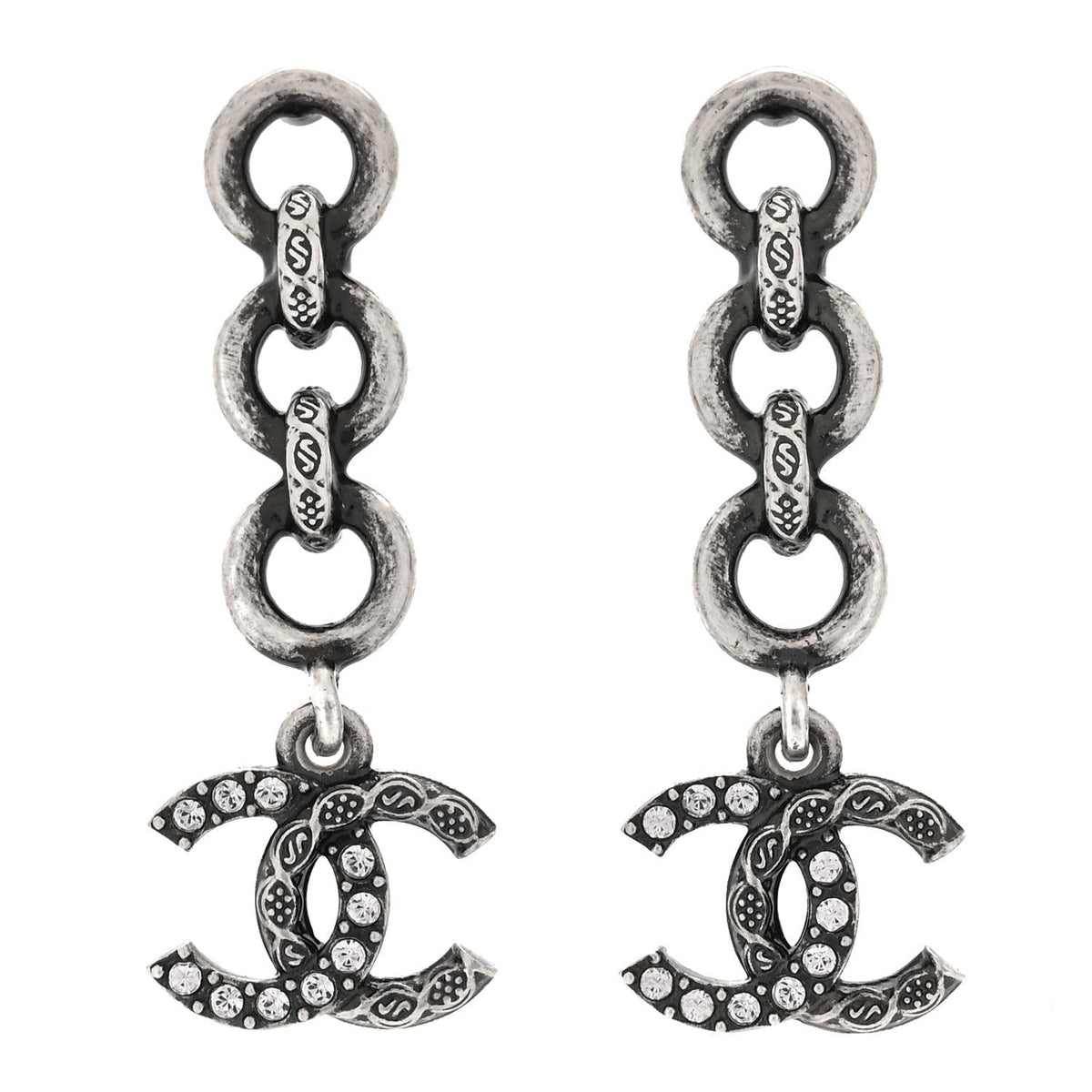 Chanel Crystal CC Chain Drop Earrings Silver