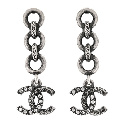 Chanel Crystal CC Chain Drop Earrings Silver
