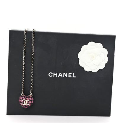 Chanel Tweed Lambskin CC Heart Locket Necklace Gold Black Pink