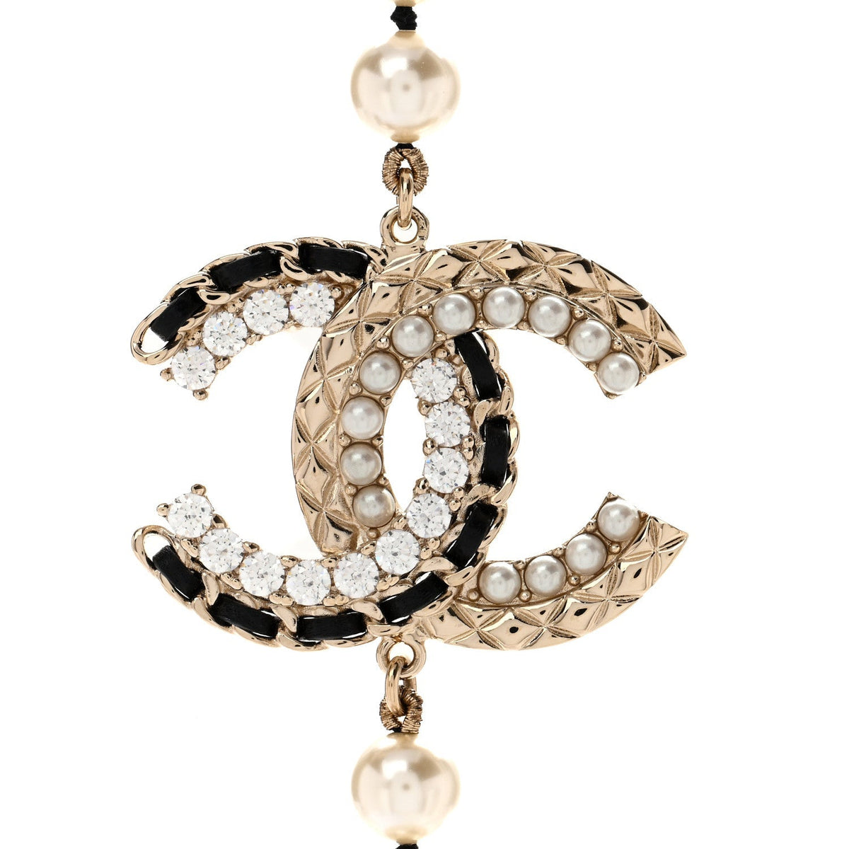 Chanel Pearl Crystal Lambskin CC Long Necklace Gold Black
