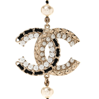 Chanel Pearl Crystal Lambskin CC Long Necklace Gold Black