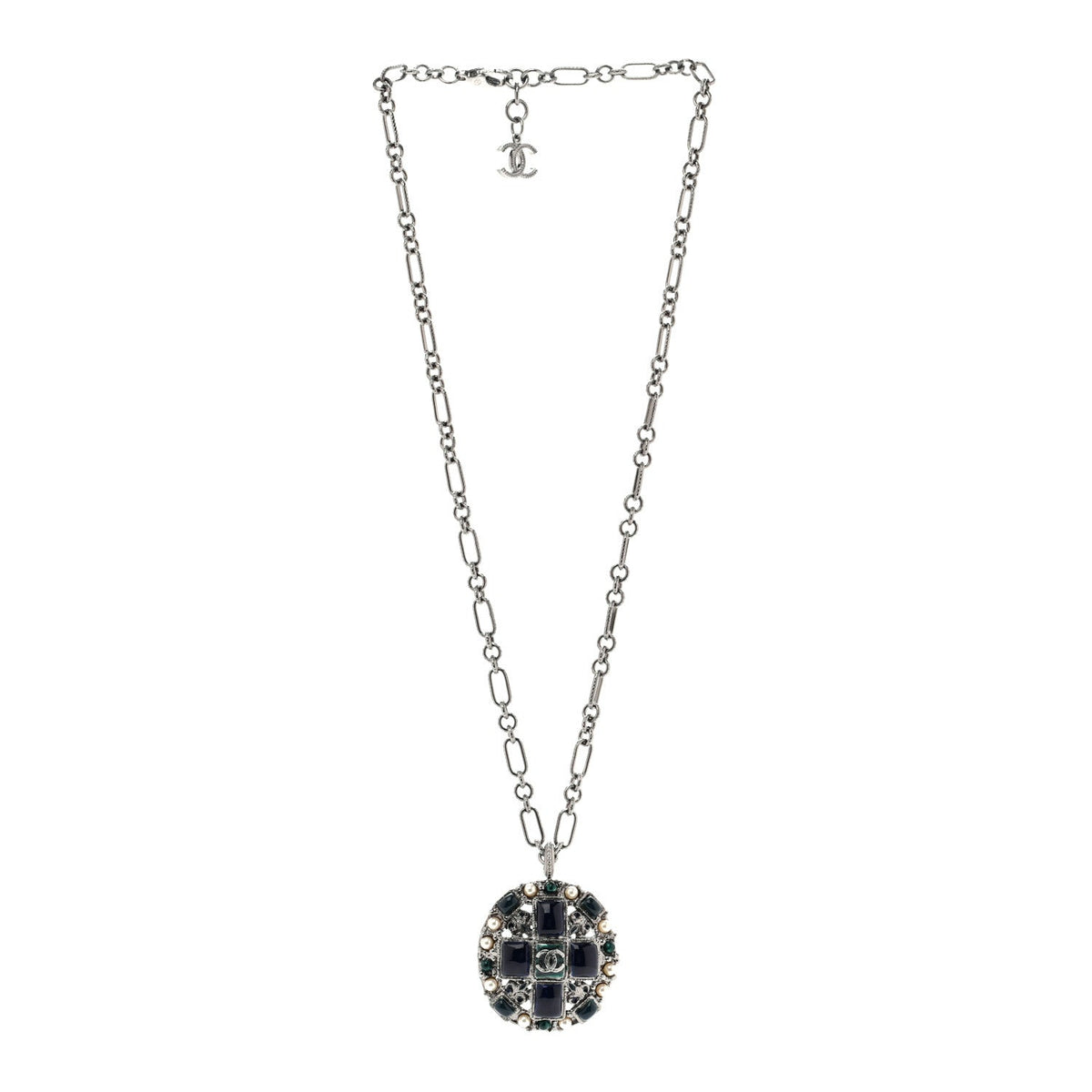 Chanel Gripoix Poured Glass Pearl CC Necklace Silver
