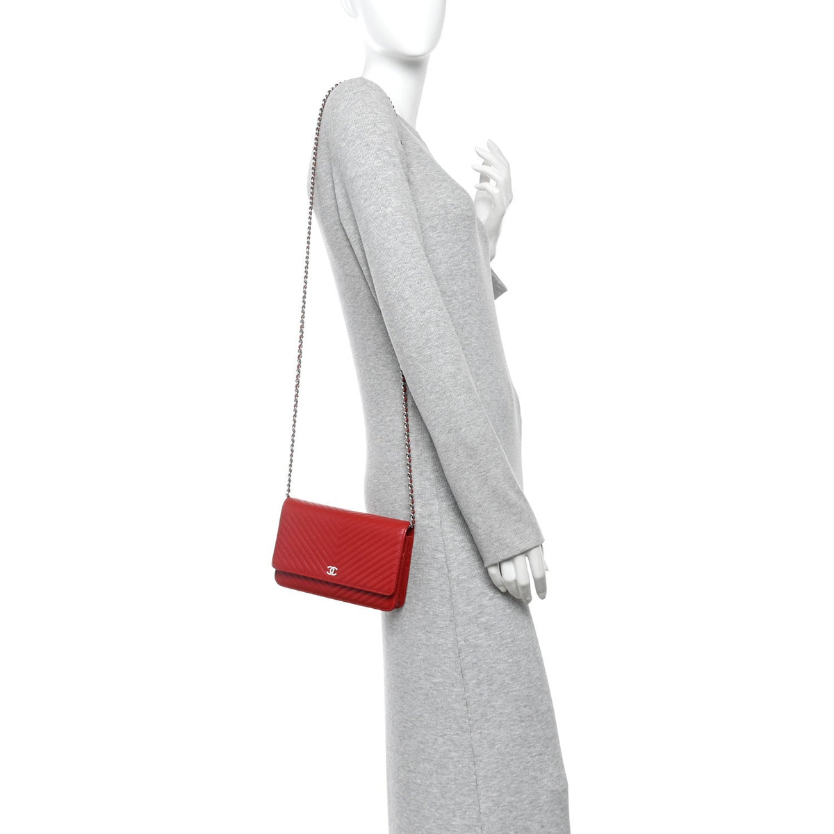 Chanel Caviar Chevron Quilted Wallet On Chain WOC Dark Red