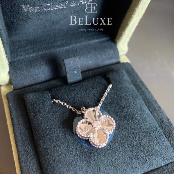 VCA 18K White Gold Diamond Guilloché Holiday Pendant Necklace