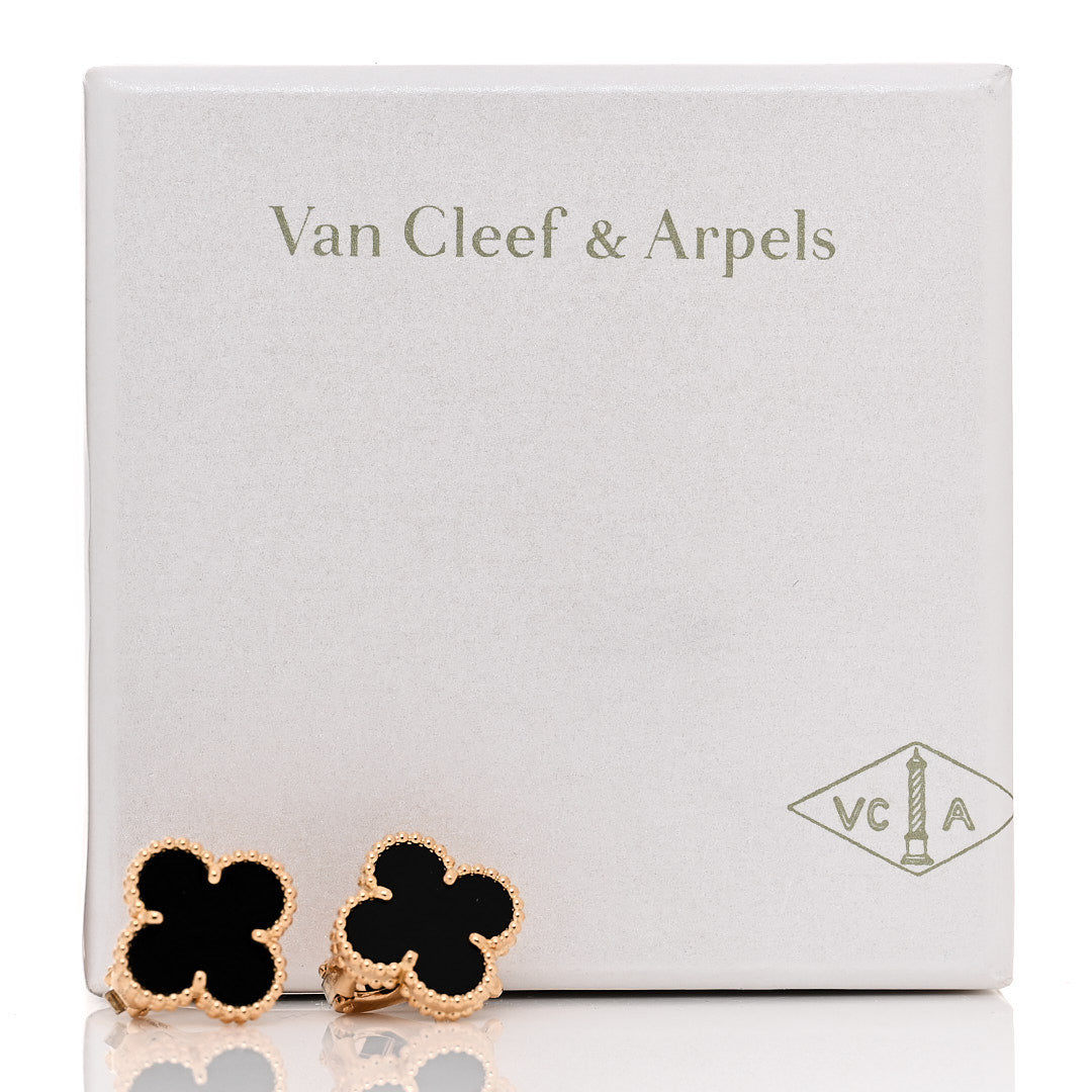 Van Cleef & Arpels 18K Yellow Gold Onyx Vintage Alhambra Earrings