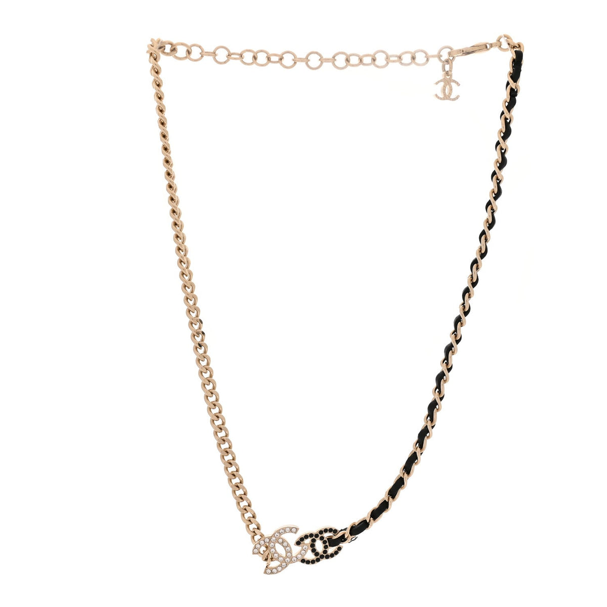 Chanel Metal Calfskin Crystal CC Short Necklace Black Gold