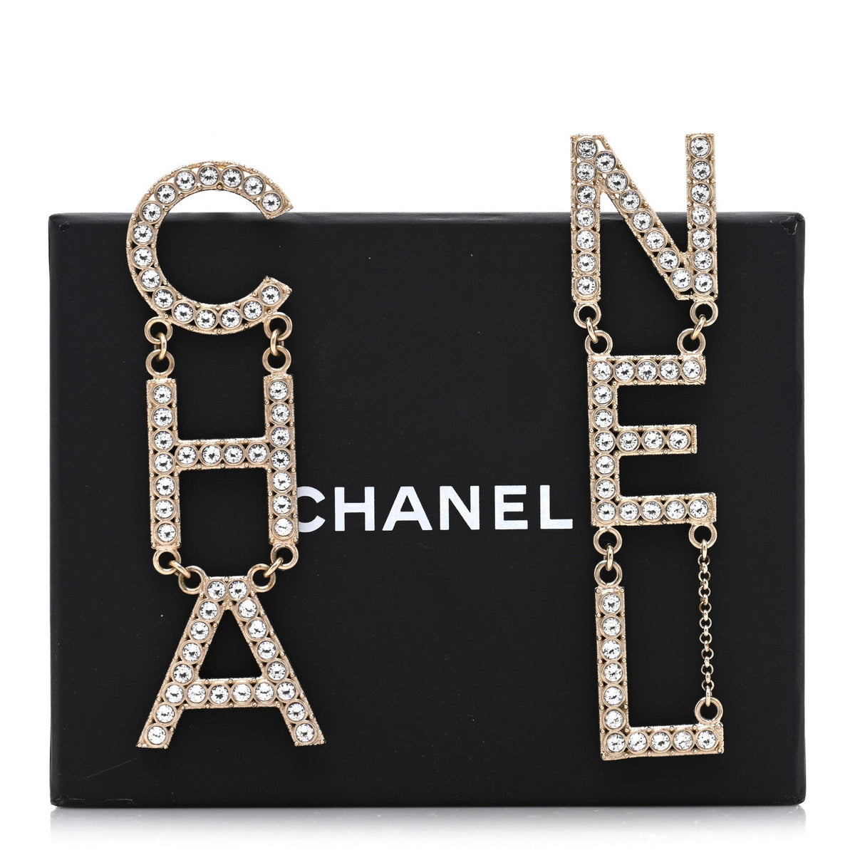 Chanel Crystal Cha-Nel Logo Drop Earrings Gold