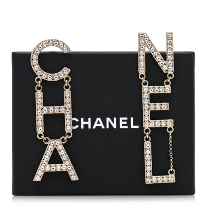 Chanel Crystal Cha-Nel Logo Drop Earrings Gold