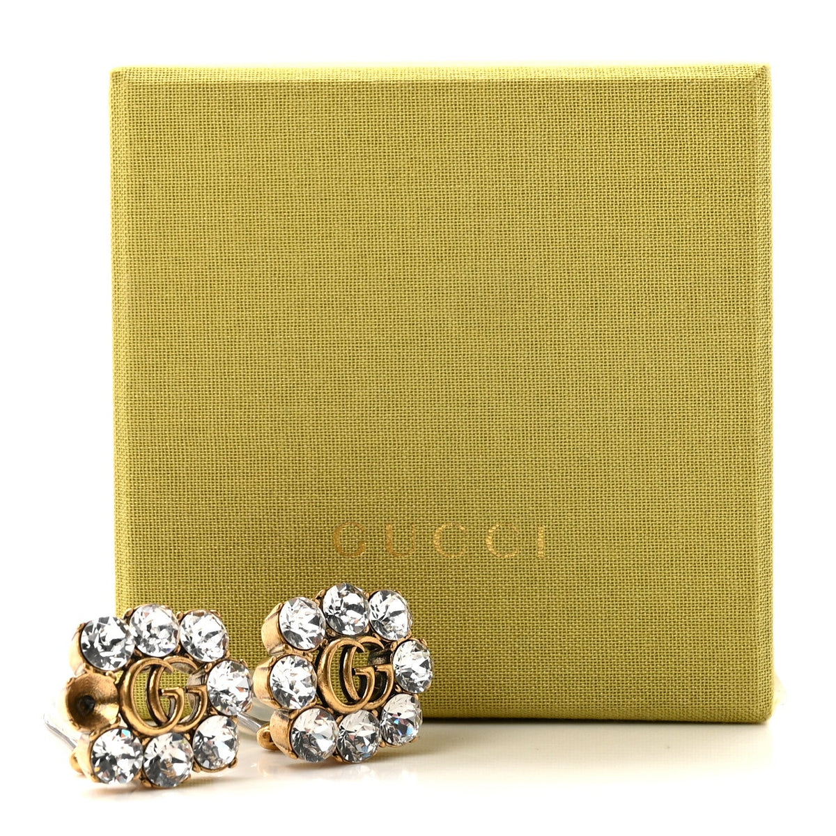 Gucci Metal Crystal Double G Clip On Earrings Aged Gold