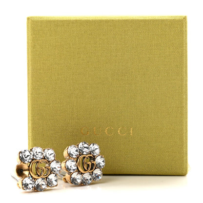 Gucci Metal Crystal Double G Clip On Earrings Aged Gold