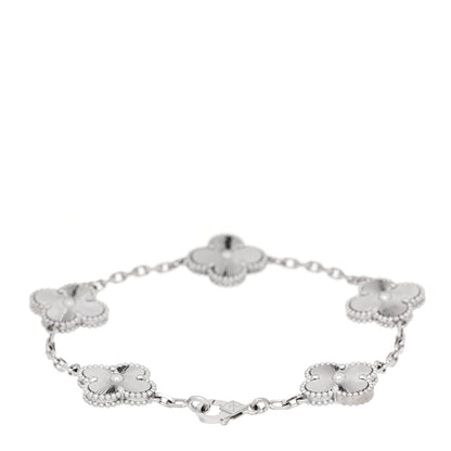 Van Cleef & Arpels 18K White Gold 5 Motifs Guilloche Vintage Alhambra Bracelet