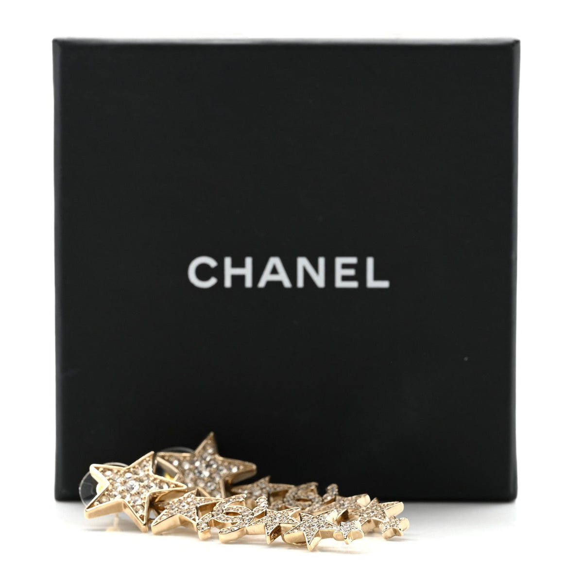 Chanel Crystal CC Star Long Drop Earrings Gold