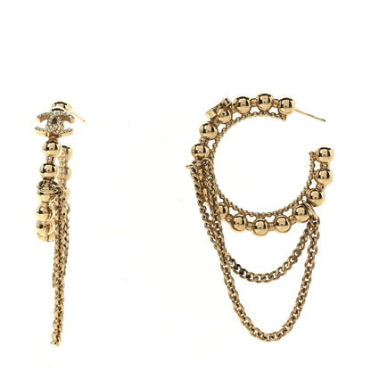 Chanel Metal Crystal Bead Chain CC Hoop Earrings Gold