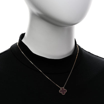 Van Cleef & Arpels 18K Yellow Gold Pink Enamel Vintage Alhambra Pendant Necklace