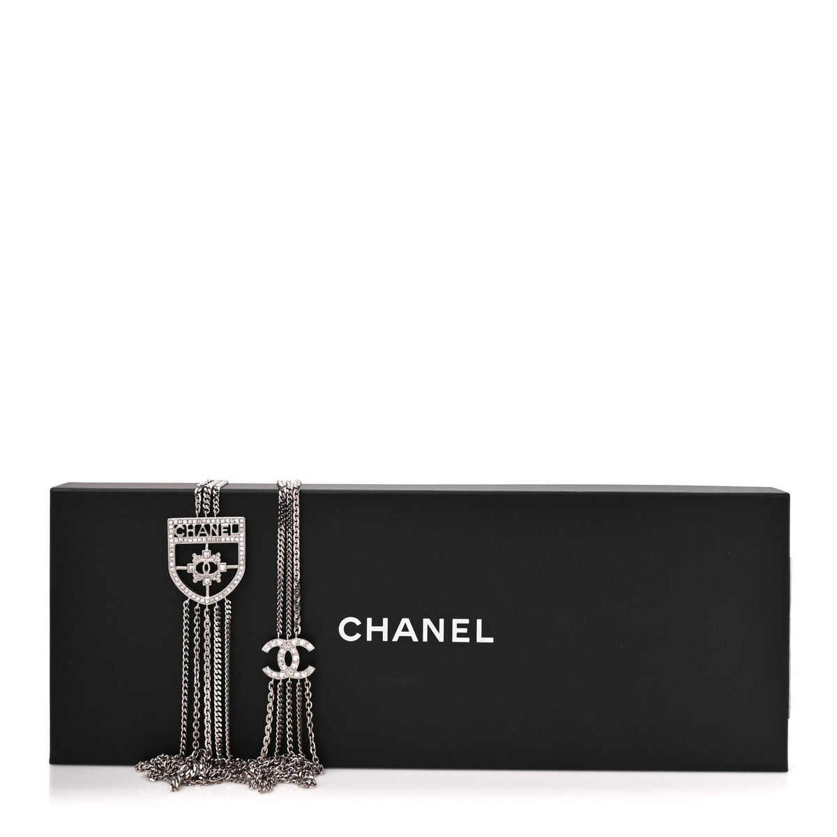 Chanel Baguette Crystal CC Shield Multi Strand Long Chain Necklace Silver