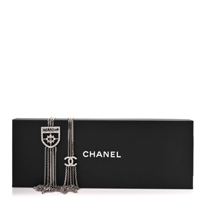 Chanel Baguette Crystal CC Shield Multi Strand Long Chain Necklace Silver