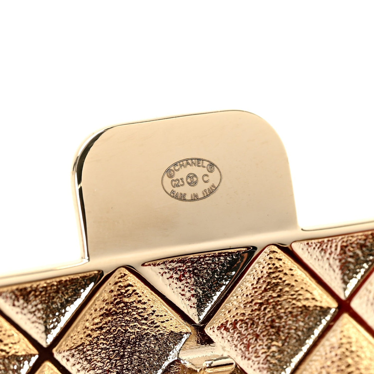 Chanel Metal Resin Flap Bag Long Necklace Gold Red