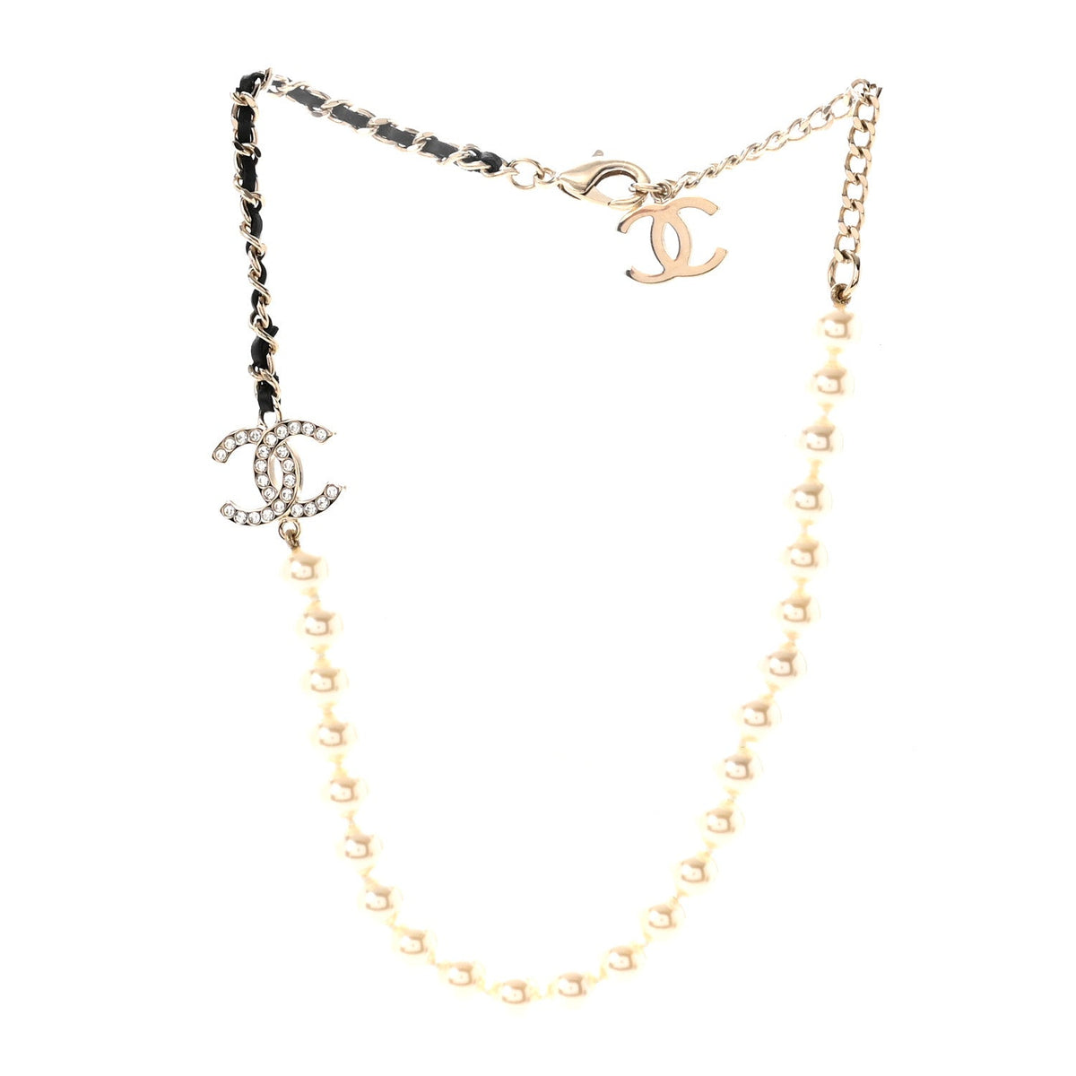Chanel Lambskin Pearl Crystal CC Short Necklace Gold White Black