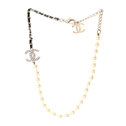 Chanel Lambskin Pearl Crystal CC Short Necklace Gold White Black