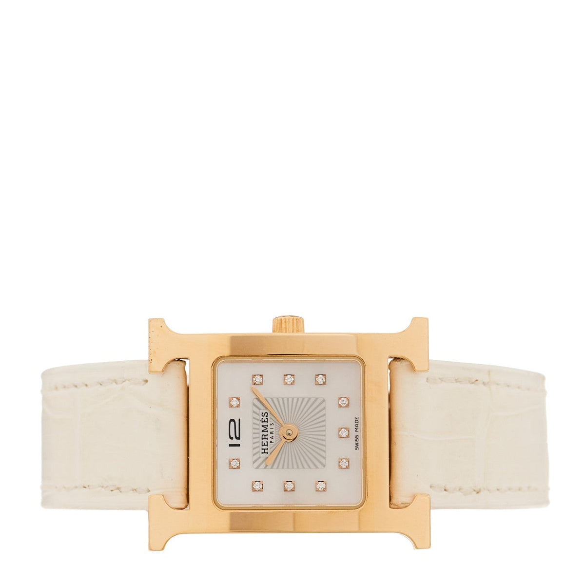 Hermes Stainless Steel Alligator Diamond Mother of Pearl 21mm Heure H Hour Quartz Watch Blanc