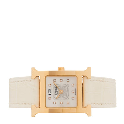 Hermes Stainless Steel Alligator Diamond Mother of Pearl 21mm Heure H Hour Quartz Watch Blanc