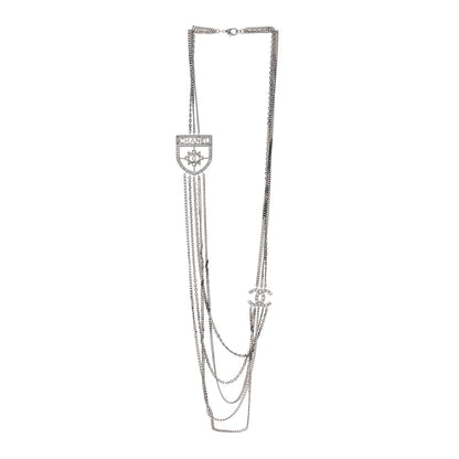 Chanel Baguette Crystal CC Shield Multi Strand Long Chain Necklace Silver