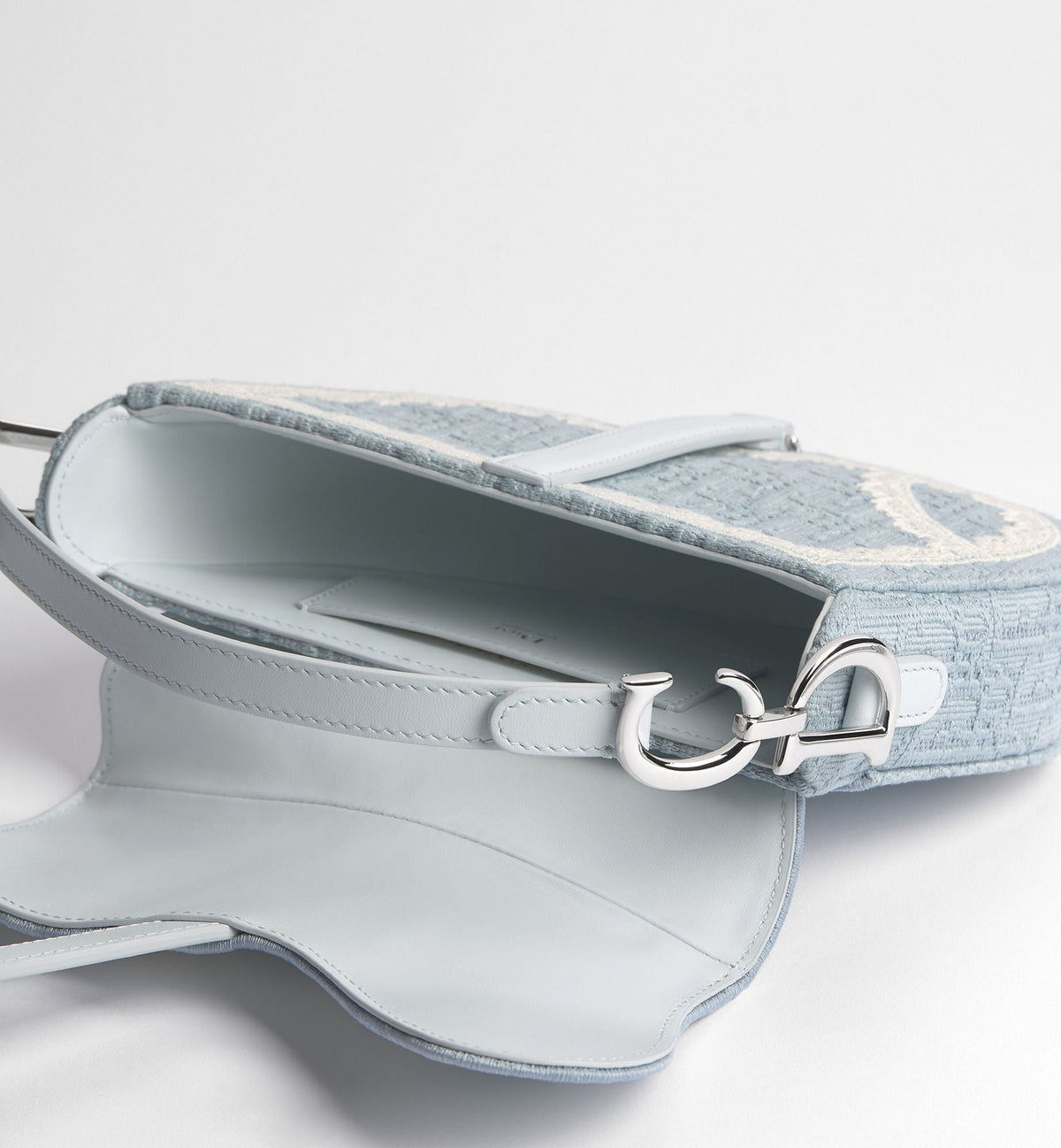 Women's Small Saddle Bag With Céleste Blue Oblique Embroidery And White Lace And Strap