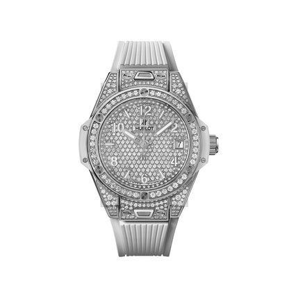 HB Big Bang ONE CLICK STEEL WHITE FULL PAVÉ Ref# 465.SE.9010.RW\\.1604