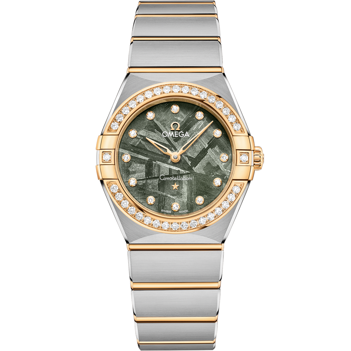Omega Constellation 28 mm Steel Yellow Gold Green Dial Bracelet 131.25.28.60.99.002