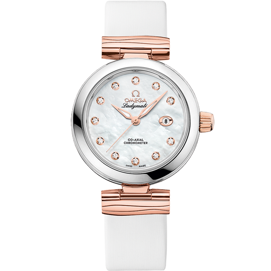 Omega De Ville Ladymatic 34 mm Steel Sedna Gold White Dial Strap 425.22.34.20.55.004