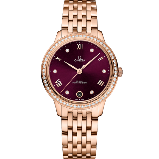 Omega De Ville Prestige 34 mm Rose Gold Red Dial Bracelet 434.55.34.20.61.001