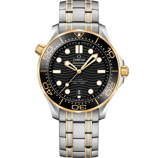 Omega Seamaster Diver 300M 42 mm Steel Yellow Gold Black Dial Bracelet 210.20.42.20.01.002