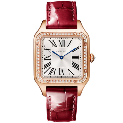 Santos-Dumont Large 18ct Rose Gold Silver Dial Diamond Bezel Watch