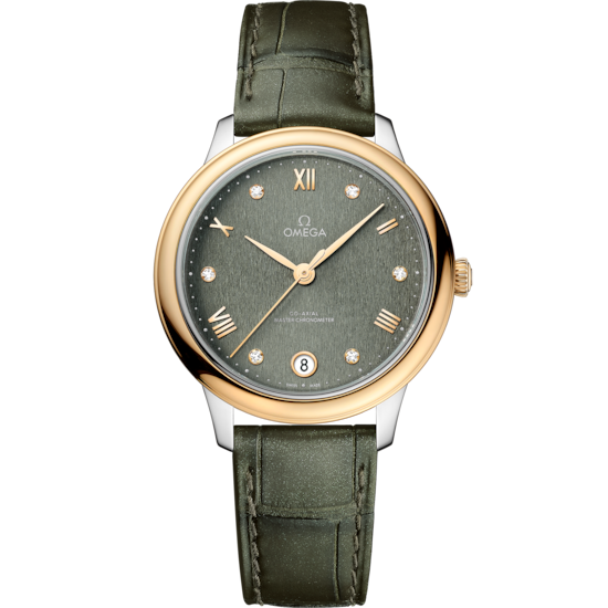Omega De Ville Prestige 34 mm Steel Yellow Gold Green Dial Strap 434.23.34.20.60.001