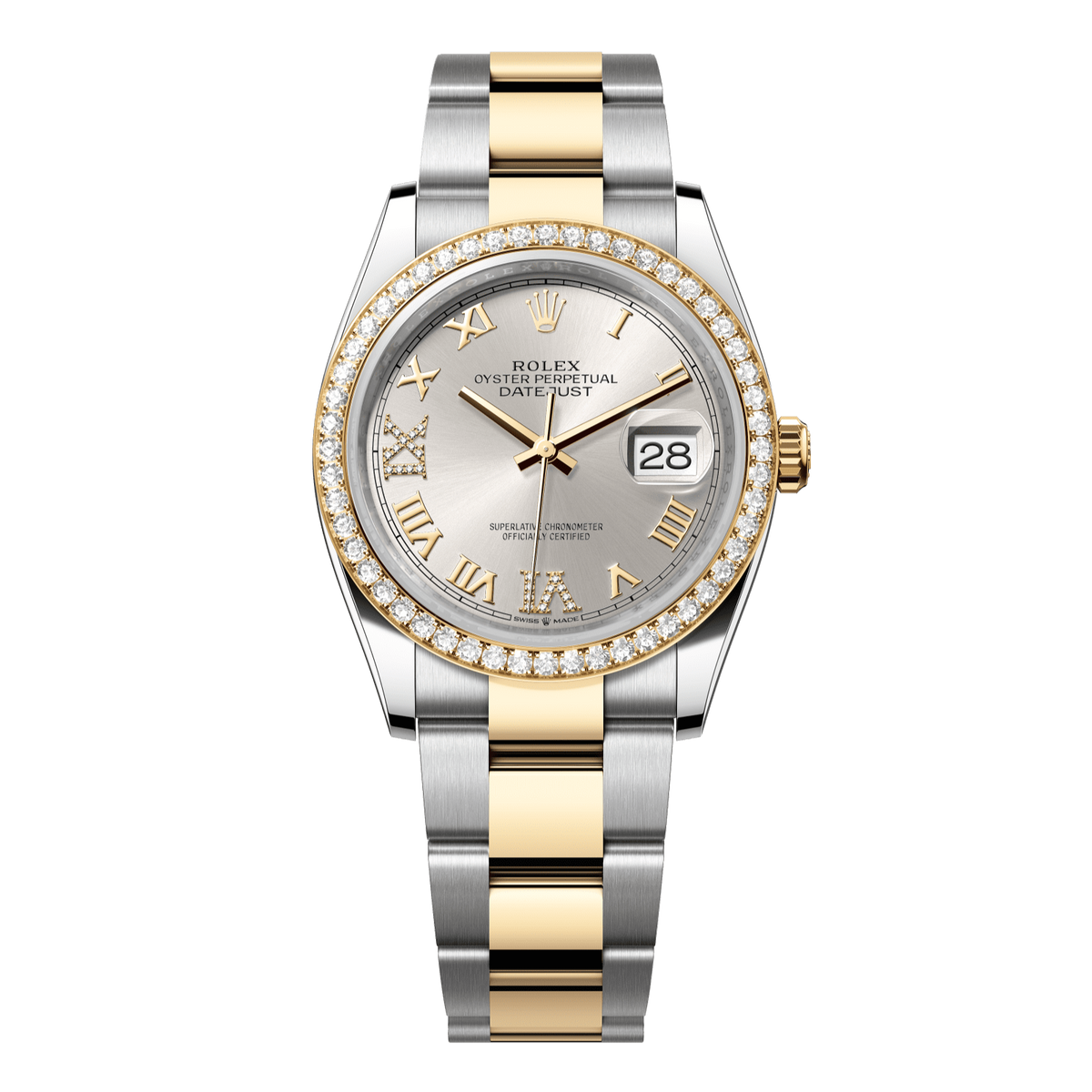 Rolex Datejust 36 mm Silver Diamonds 18k Yellow Gold Oyster 126283rbr-0018