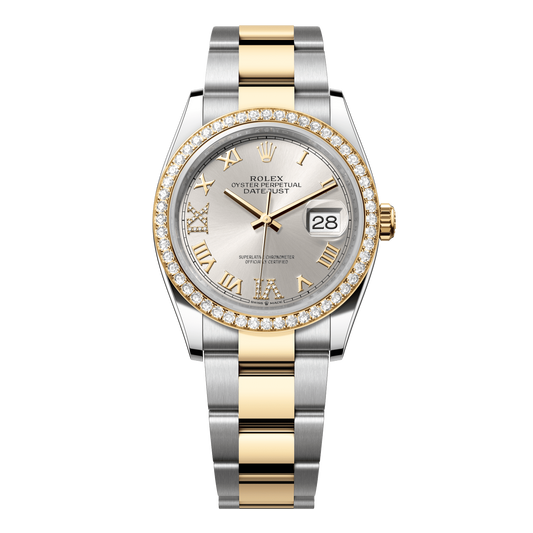 Rolex Datejust 36 mm Silver Diamonds 18k Yellow Gold Oyster 126283rbr-0018