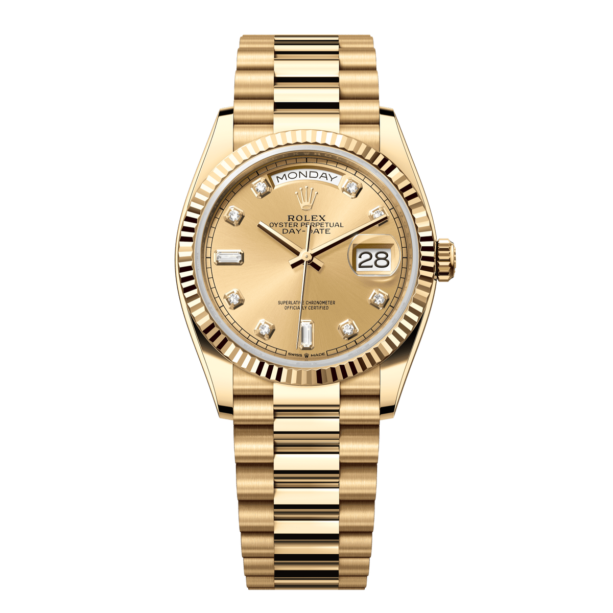Rolex Day-Date 36 mm Champagne Diamonds 18k Yellow Gold President 128238-0008