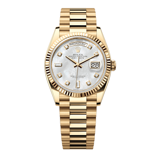 Rolex Day-Date 36 mm White Mother-Of-Pearl Diamonds 18k Yellow Gold President 128238-0011
