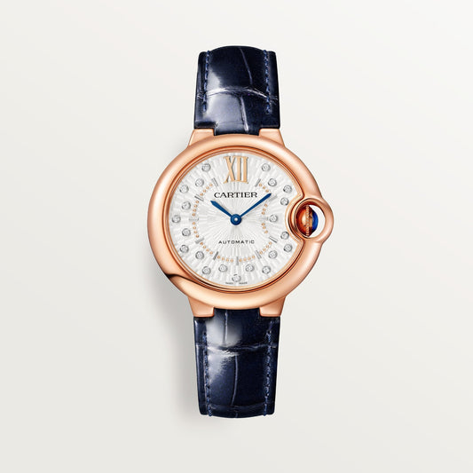 Cartier Ballon Bleu 33 mm Rose Gold Silver Dial Strap WGBB0052