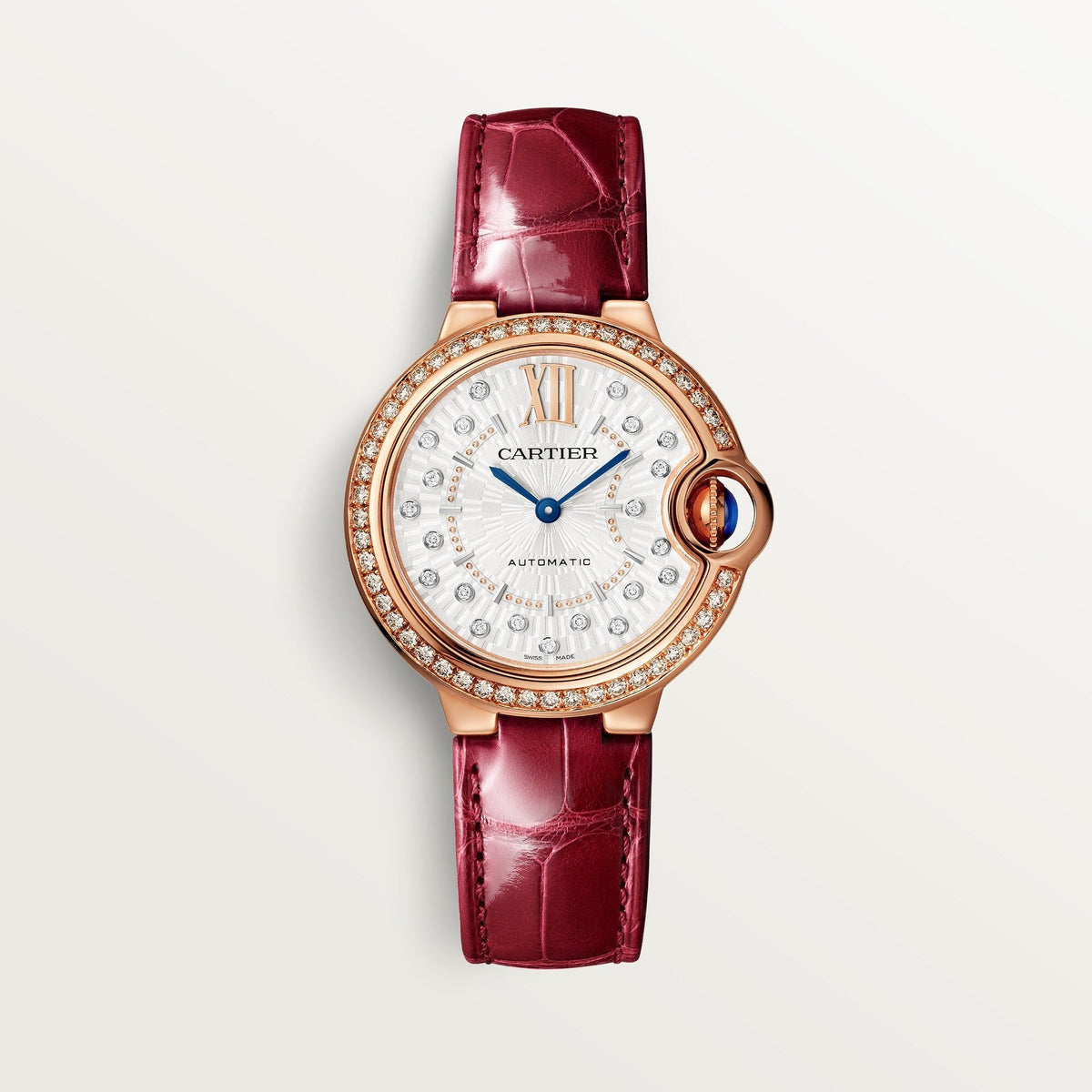 Cartier Ballon Bleu 33 mm Rose Gold Silver Sunray Dial Strap WJBB0080