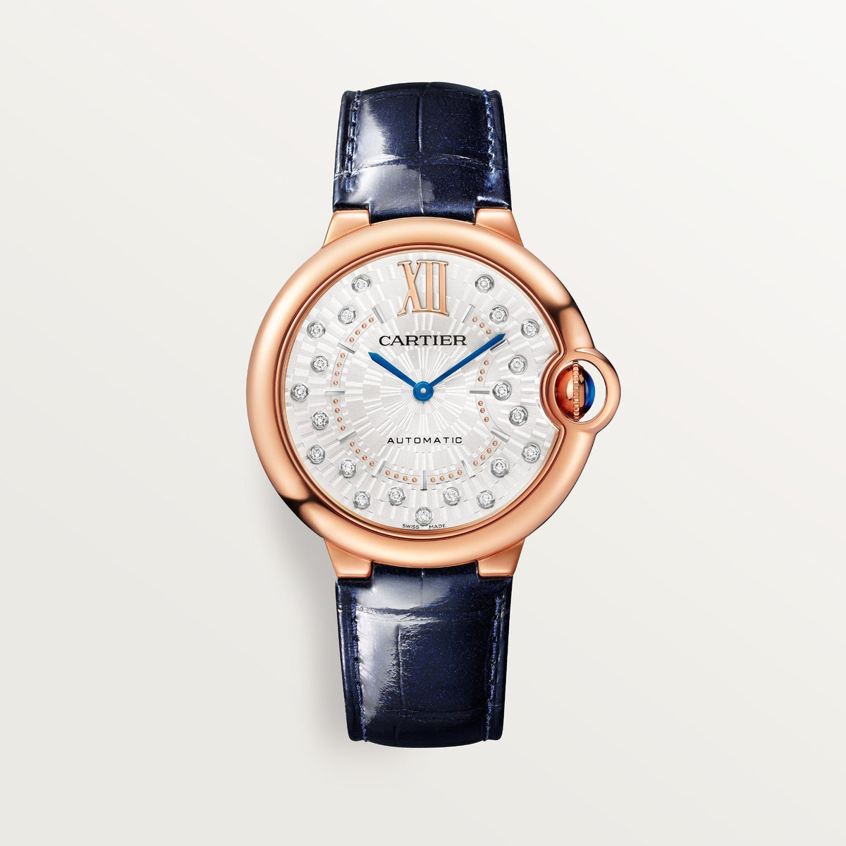 Cartier Ballon Bleu 36 mm Rose Gold Silver Sunray Dial Leather WGBB0053