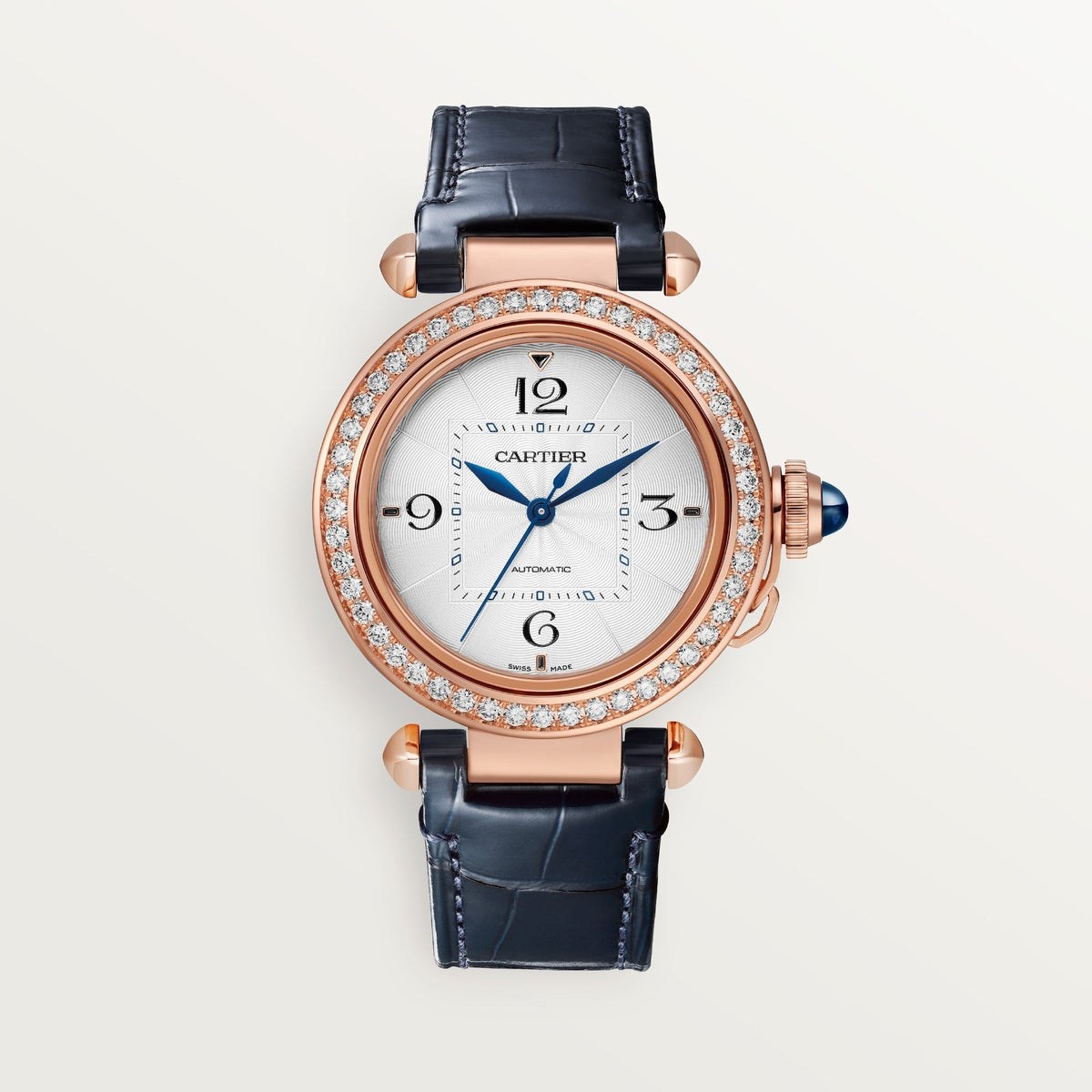 Cartier Pasha 35 mm Silver Dial 18k Rose Gold Purple Skin Strap WJPA0012