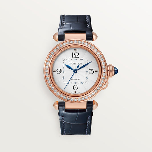 Cartier Pasha 35 mm Silver Dial 18k Rose Gold Purple Skin Strap WJPA0012